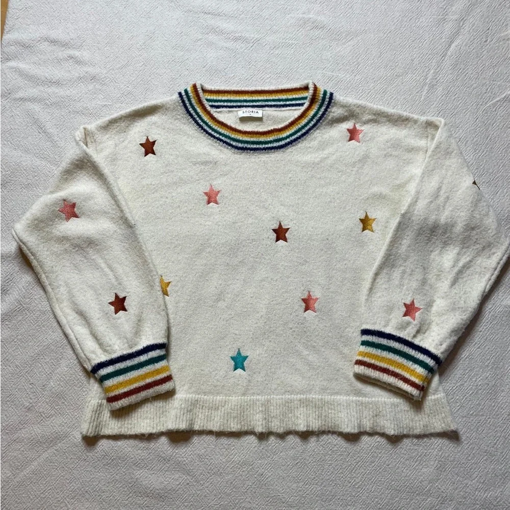 STORIA Rainbow Stars Cream Balloon Sleeves Oversized Sweater M - Picture 2 of 5